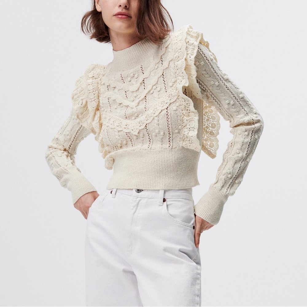 NEW Zara pointelle ruffled knit sweater